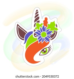 Pegatina de unicornio de otoño con flores. Cuidada cara de caballo con un hermoso ojo y pestañas largas. Feliz animal mítico con cuerno, pelo de colores. Etiqueta de moda, colección de decoración de otoño.
