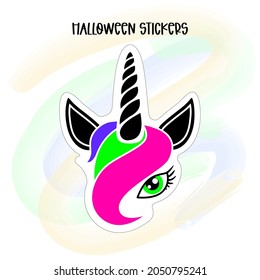 Fall unicorn sticker with flowers. Cute horse face with beautiful eye and long eyelashes. Happy mythical animal with horn, colored hairs. Trendy sticker, autumn decoration collection.