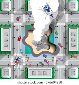 The fall of an unidentified flying object in the city.  View from above. Vector illustration.