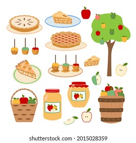 Fall vector apple illustrations set. Apples, tree, apple in basket, candy, cake, jelly, jam, pies and slices of apple pie. Isolated on white background. Great for cards, invitations, harvest festival.