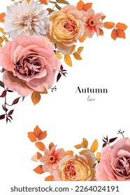 Fall vector art bouquet frame. Autumn dusty pink moody, rose flowers, cream orange dahlia, yellow red eucalyptus leaves, branches editable floral illustration. Wedding invitation card, banner template