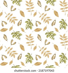 Fall vector background. Beige and green colors. Autumn leaves seamless pattern.