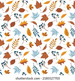 Fall Vector Background. Orange And Blue Colors. Autumn Leaves And Berries Seamless Pattern.