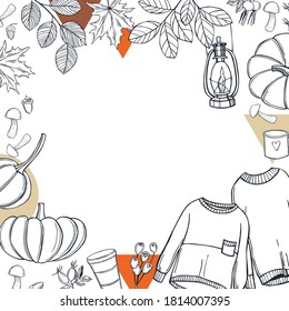 Fall vector background with warm sweaters, drinks and pumpkins. Autumn mood. Sketch illustration.