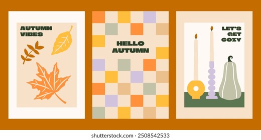 Fall vector cards set. Autumn arrangements, pumpkin, leaves. Checkerboard background