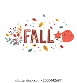 Fall vector concept illustration. Hand drawn autumn leaves and lettering harvest festival isolated on white background. Cover, card or poster design.

