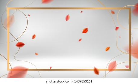 Fall vector design. Luxury abstract background with red leaves and golden frame elegant decoration.