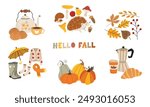 Fall vector elements set. Cozy fall stickers. Leaves, pumpkins, fall clothes, umbrella, hedgehog, tea.  The inscription hello fall. White isolated background. Illustration in the hand drawn style. 