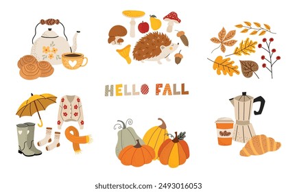 Fall vector elements set. Cozy fall stickers. Leaves, pumpkins, fall clothes, umbrella, hedgehog, tea.  The inscription hello fall. White isolated background. Illustration in the hand drawn style. 