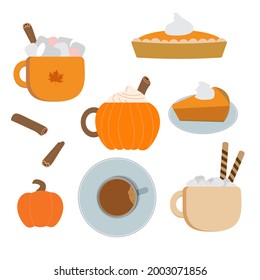 Fall vector flat pumpkin spice latte set. Pumpkin pie with cream, coffee latte mugs, light blue coffee cup, orange pumpkin, cinnamon sticks on white background. Cozy autumn mood illustration.