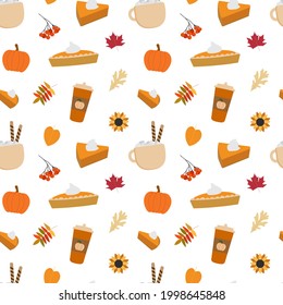 Fall vector flat seamless pattern. Pumpkin pie, coffee latte cup, orange leaves on white background. Autumn mood illustration.