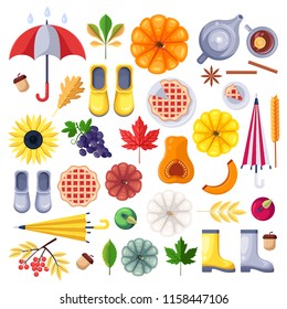Fall vector icons, design elements on white background. Autumn harvest, food, accessories and leaves flat illustration.
