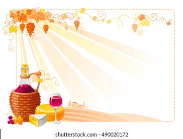 Fall vector illustration. Autumn thanksgiving landscape banner, white background, vineyard grapes, wine farm symbols, fall colors. Vintage alcohol bottle basket, glass, cheese. Modern flyer template.