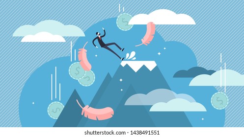 Fall Vector Illustration. Flat Tiny Economical Business Fail Persons Concept. Bankruptcy Warning And Money Loss Accident. Unexpected Company Financial Problem Mistake. Wet And Slippery Floor Surface.