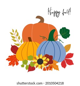 Fall vector pumpkin arrangement with three pumpkins and autumn flowers, foliage, isolated on white background. Holiday card, invitation template. Floral bouquet and pumpkin illustration.