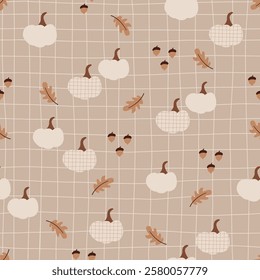 Fall vector seamless checkered pattern with pumpkins, leaves and acorns. October hand drawn illustration for fabric and textile, paper, package designs.
