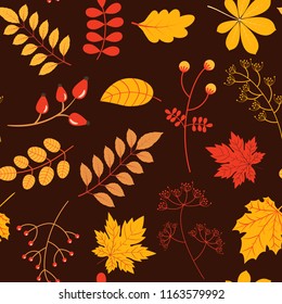 Fall vector seamless pattern with colorful autumn leaves and twigs in yellow and red colors on dark brown background for textile and clothing design