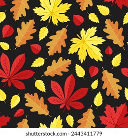 Fall vector seamless pattern. Red, yellow and orange autumn leaves on black background. Best for textile, wallpapers, wrapping paper, package and your design.