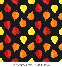 Fall vector seamless pattern. Red, yellow and orange autumn leaves on black background. Best for textile, wallpapers, home decoration, wrapping paper, package and your design.