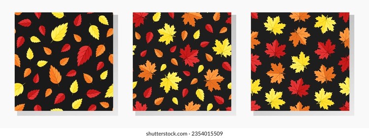 Fall vector seamless patterns collection. Red, yellow and orange autumn leaves on black background. Best for textile, wallpapers, home decoration, wrapping paper, package and your design.