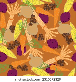 Fall vegetables, grains and acorns make up the design of this vector seamless repeat pattern. Red potatoes, corn on the cob and other vegetables adorn this pattern.