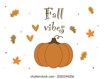 Plantilla de tarjeta de vibraciones de otoño. Ilustración del vector de tarjetas de felicitación con un muelle de calabaza y hojas de otoño.