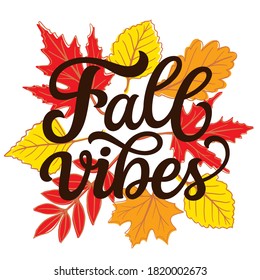 Fall vibes. Hand lettering quote with fall leaves isolated on white background. Vector typography for home decorations, t shirts, posters, greeting cards