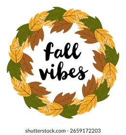 
Ilustração em coroa de flores com folhas de outono coloridas e texto com letras à mão. design vetorial sazonal acolhedor com um quadro botânico redondo feito de folhagem laranja, marrom, amarelo e verde.
