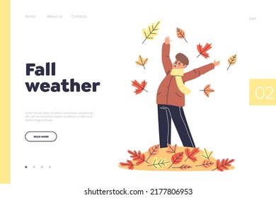 Fall weather concept of landing page with boy playing with yellow autumn leaves. Happy kid enjoy spending time outdoors in fall park or wood. Happy autumn season. Cartoon flat vector illustration