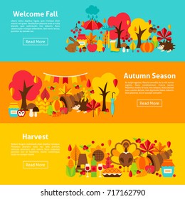 Fall Web Horizontal Banners. Vector Illustration of Autumn Concept.