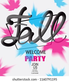 Fall welcome party announcement banner with colorful maple leaves and volume letters. Vector illustration