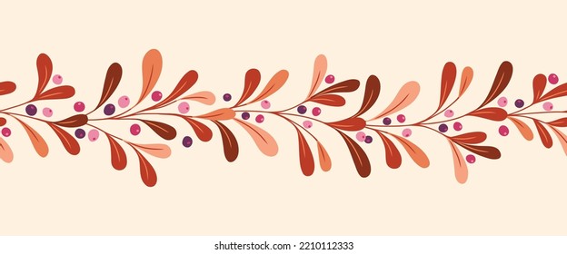 Fall Wild Forest Foliage and Berries Vector Seamless Horizontal Pattern Border. Blueberry Twigs. Thanksgiving Festive Washi Tape Print. Festive Botanical Design