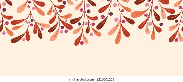 Fall Wild Forest Foliage and Berries Vector Seamless Horizontal Pattern Border. Blueberry Twigs. Thanksgiving Festive Washi Tape Print. Festive Botanical Design