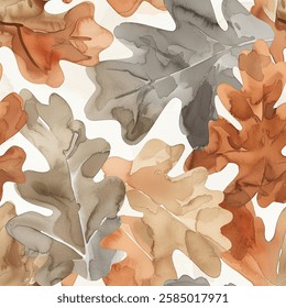 Fall Winter Brown Grey Oak Eucalyptus Leaf Foliage Watercolor Abstract Scandinavian Design Seamless Pattern Wallpaper Curtain Bedding Background Upholstery Gift Wrapping Paper Vector