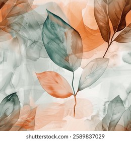 Fall Winter Brown Grey Oak Eucalyptus Leaf Foliage Watercolor Abstract Scandinavian Design Seamless Pattern Wallpaper Curtain Bedding Background Upholstery Gift Wrapping Paper Vector