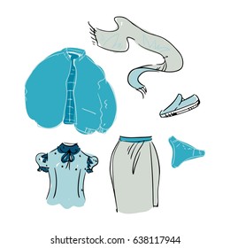 Fall and winter clothes illustration. Packing for vacation. Female clothing set. Vector hand-drown objects illustrations of fashion collection.