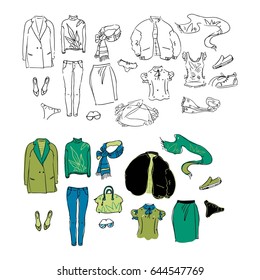 Fall and winter clothes illustration. Packing for vacation. Female clothing set. Vector hand-drown objects illustrations of fashion collection.