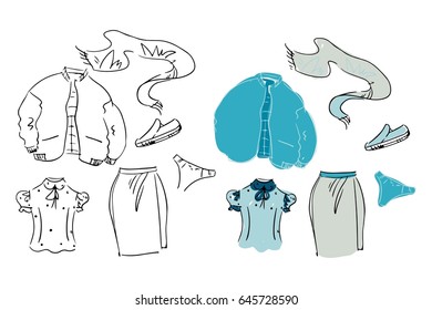 Fall and winter clothes illustration. Packing for vacation. Female clothing set. Vector hand-drown objects illustrations of fashion collection.