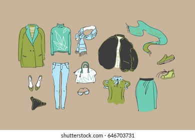 Fall and winter clothes illustration. Packing for vacation. Female clothing set. Vector hand-drown objects illustrations of fashion collection.