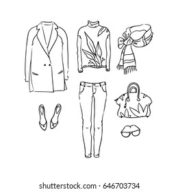 Fall and winter clothes illustration. Packing for vacation. Female clothing set. Vector hand-drown objects illustrations of fashion collection.