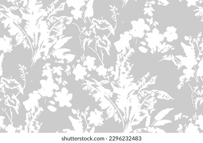 Fall winter colors flowers new fashion.  Abstract Digital Paint Meadow plants, leaves, leaf and small daisy Floral silhouettes Seamless Pattern Isolated Background perfect for textiles and decoration 