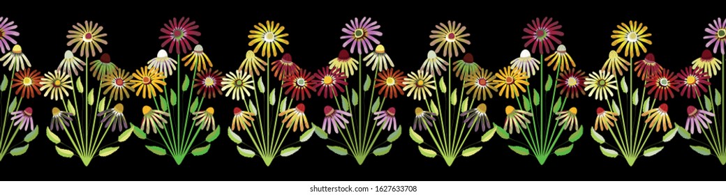 Fall winter flowers seamless vector border. Florals and leaves pattern on black background. Hand drawn folk art style. For autumn, Thanksgiving products, ribbon, trim, greeting cards, packaging