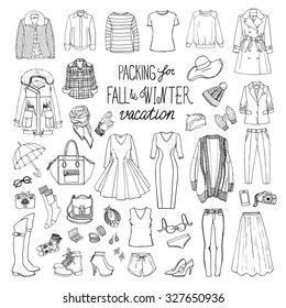 Fall And Winter Travel Luggage. Packing For Vacation. Woman Clothing Set. Vector Hand-drown Objects Illustrations. Black And White Fashion Collection.