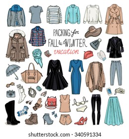 Fall and winter travel luggage. Packing for vacation. Female clothing set. Vector hand-drown objects illustrations of fashion collection.