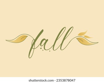 Logo de la marca de palabras FALL. Texto y flor decorativos, corazón, hoja, pétalos. Grabado en minúsculas. Caligrafía escrita a mano. Las iniciales del alfabeto creativo están aisladas en el fondo de la luz. Concepto de estilo de vida natural.