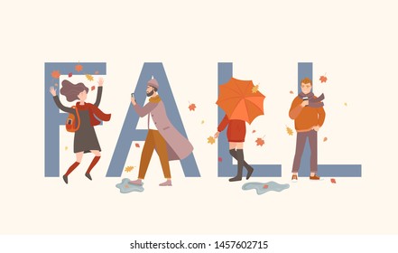Fall word with people in front of it. Different characters in autumn season. Jumping girl, walking man with phone, hipster with coffee and woman with umbrella. Vector illustration.