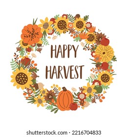 Fall wreath Happy Harvest. Autumn wreath illustration isolated on white background. Autumn harvest banner Harvest fall farm market poster element decorated pumpkin apple sunflower fall leaves. Vector