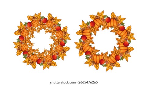 Fall wreath with leaves isolated. Fall  Background. Autumn  wreath Illustration. Fall Flower Design. Fall Botanical Wreath design. Harvest Festival  Frame. Botanical Design for harvest fest