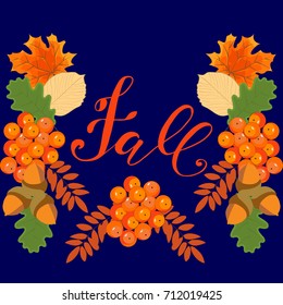 Fall wreath maple leaves, birch or collect Rowan berries, acorn oak or elm and aspen leaf. Vector design for a seasonal autumn greeting card or holiday poster