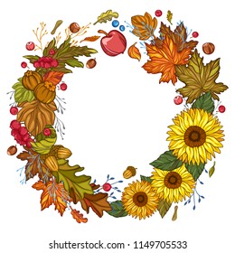Fall wreath with season leaves, sun flowers and harvest. Greeting card, invitation, badge, sale banner, label. 
